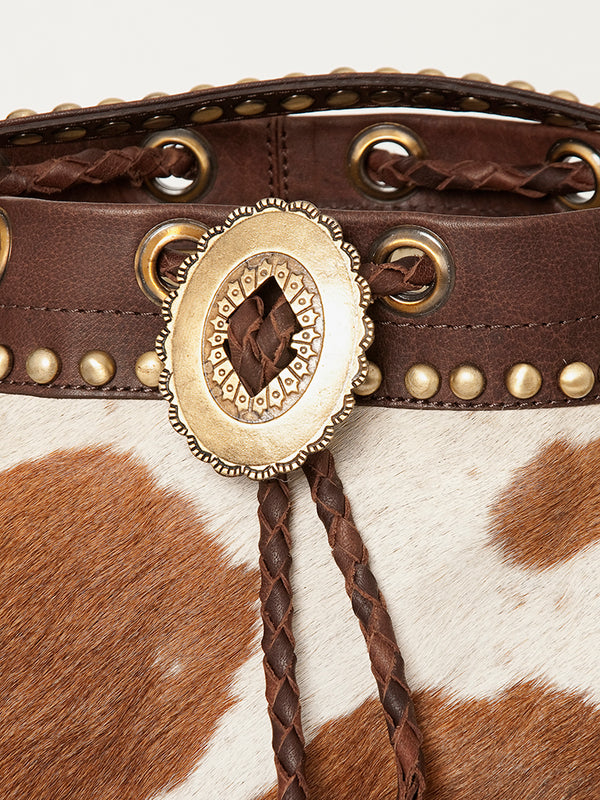 ADBGI102 Studded Leather Fringe Crossbody Bucket Bag - Western Cowhide Style
