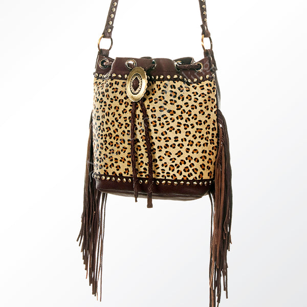ADBGI102 Studded Leather Fringe Crossbody Bucket Bag - Western Cowhide Style