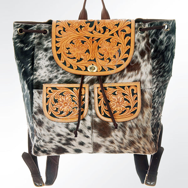 ADBGI110 Tooled Leather Western Backpack - Hair-On Hide with Floral Carving
