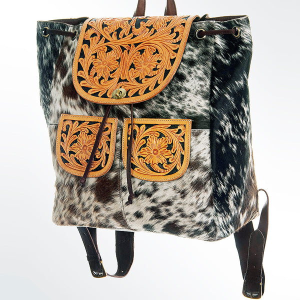 ADBGI110 Tooled Leather Western Backpack - Hair-On Hide with Floral Carving