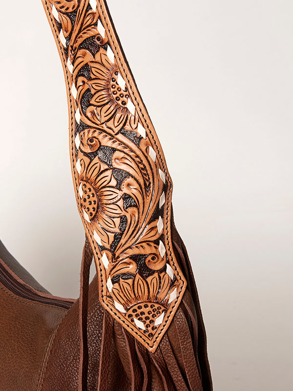 LC-ADBGI112 Western Leather Hobo Bag - Genuine Solid Brown with Tooled Strap & Fringe