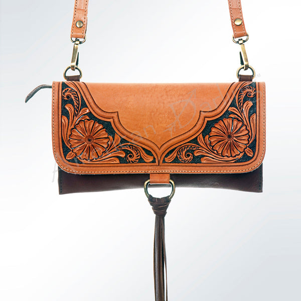 LC-ADBGI113 Western Leather Crossbody Bag - Tooled Floral Design with Fringe Tassel