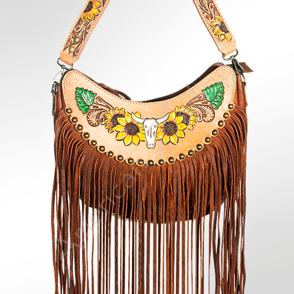 ADBG523 American Darling Hand Tooled Floral Leather Crossbody Bag with Fringes