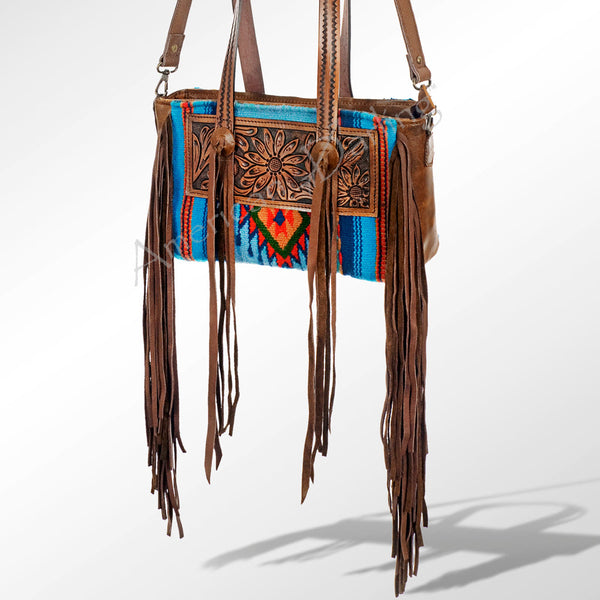ADBG534 American Darling Hand Tooled Floral Leather & Woven Saddle Blanket Western Tote Bag