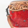 LC-ADBGS199RED Red Cowhide Wristlet with Turquoise Foil & Tooled Leather Panel - Western Crossbody Clutch