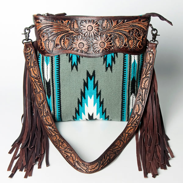 ADBGZ222 Tooled Leather & Grey Wool Crossbody Bag with Fringe - Southwestern Western Shoulder Purse