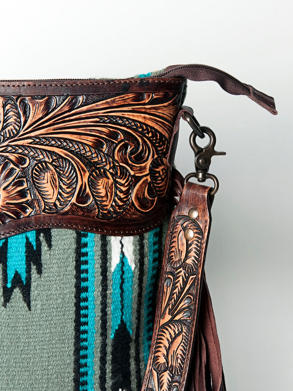 ADBGZ222 Tooled Leather & Grey Wool Crossbody Bag with Fringe - Southwestern Western Shoulder Purse