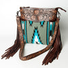 ADBGZ222 Tooled Leather & Grey Wool Crossbody Bag with Fringe - Southwestern Western Shoulder Purse