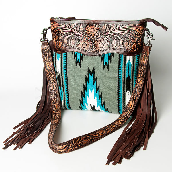 ADBGZ222 Tooled Leather & Grey Wool Crossbody Bag with Fringe - Southwestern Western Shoulder Purse