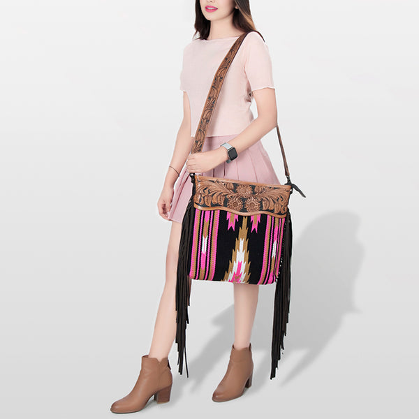 ADBGZ228 Pink Aztec Wool & Tooled Leather Crossbody Bag - Western Fringe Purse