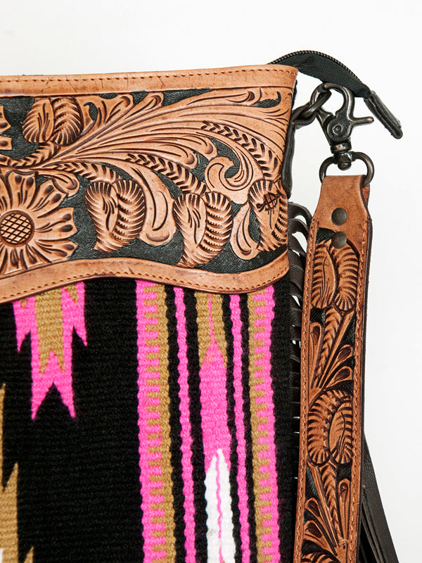 ADBGZ228 Pink Aztec Wool & Tooled Leather Crossbody Bag - Western Fringe Purse