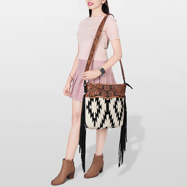 LC-ADBGZ230 Aztec Wool Crossbody with Tooled Leather & Fringe - Western Shoulder Bag
