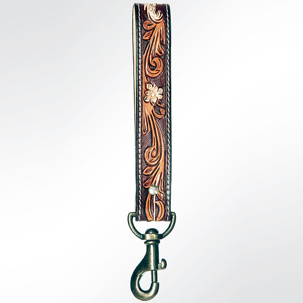 ADBRF126 Hand Tooled Leather Wristlet Keychain - Tri-Tone Floral Scroll with Western Concho