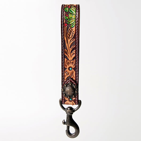 ADBRF129 Hand Tooled Leather Wristlet Keychain - Floral Tooling with Painted Accents & Concho