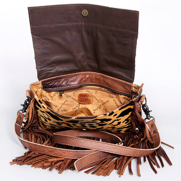ADBG524 American Darling Hair-On Cowhide Leather Fringe Crossbody with Hand-Tooled Floral Flap