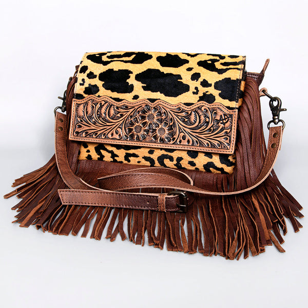 ADBG524 American Darling Hair-On Cowhide Leather Fringe Crossbody with Hand-Tooled Floral Flap