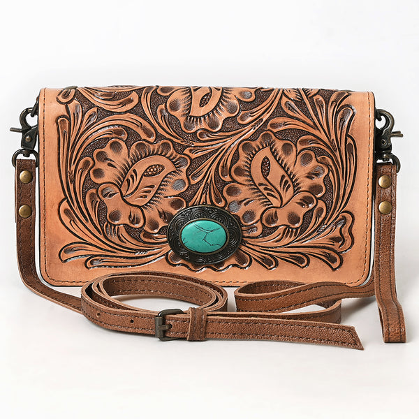 ADBG544 American Darling Hand Tooled Floral Leather Western Organiser Bag with Turquoise Concho