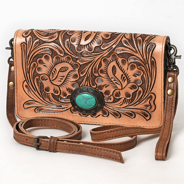 ADBG544 American Darling Hand Tooled Floral Leather Western Organiser Bag with Turquoise Concho