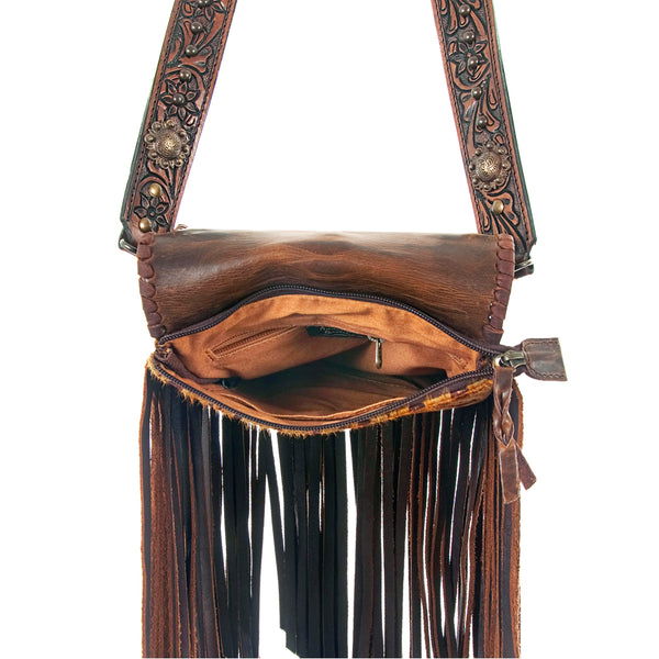 ADBG519 American Darling Hand Tooled Strap & Hair-On Cowhide Western Messenger Bag with Fringes