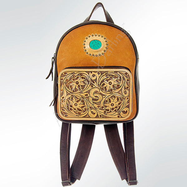 ADBG560 American Darling Hand Tooled Floral Leather Western Backpack with Turquoise Concho
