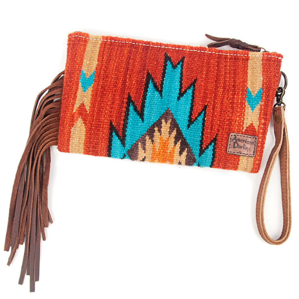 ADBG344 American Darling Hand Tooled Western Leather Wristlet Bag with Fringes and Woven Saddle Blanket
