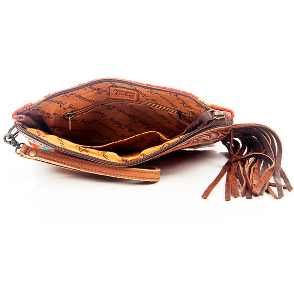 ADBG344 American Darling Hand Tooled Western Leather Wristlet Bag with Fringes and Woven Saddle Blanket