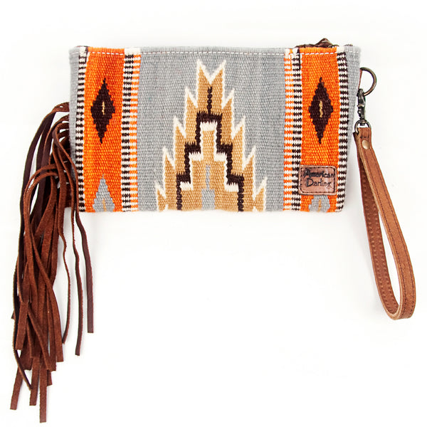 ADBG344 American Darling Hand Tooled Western Leather Wristlet Bag with Fringes and Woven Saddle Blanket