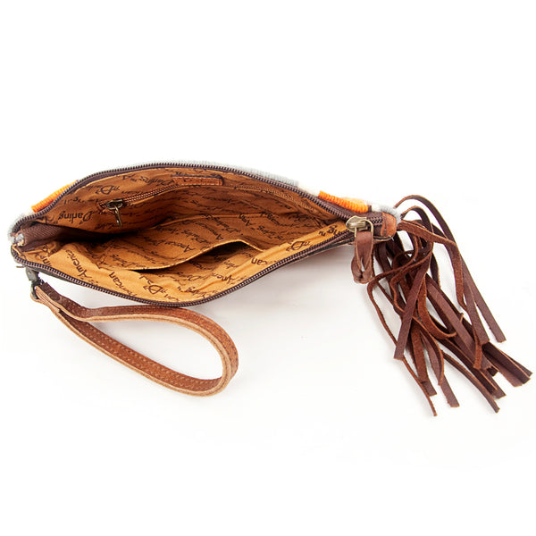 ADBG344 American Darling Hand Tooled Western Leather Wristlet Bag with Fringes and Woven Saddle Blanket