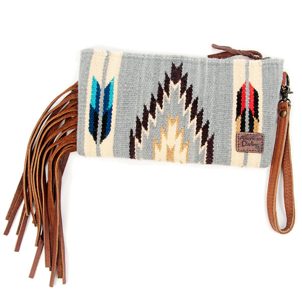 ADBG344 American Darling Hand Tooled Western Leather Wristlet Bag with Fringes and Woven Saddle Blanket