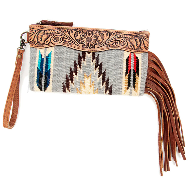 ADBG344 American Darling Hand Tooled Western Leather Wristlet Bag with Fringes and Woven Saddle Blanket