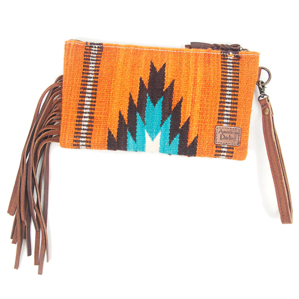 ADBG344 American Darling Hand Tooled Western Leather Wristlet Bag with Fringes and Woven Saddle Blanket