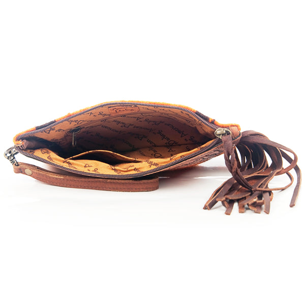 ADBG344 American Darling Hand Tooled Western Leather Wristlet Bag with Fringes and Woven Saddle Blanket