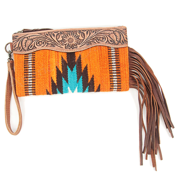 ADBG344 American Darling Hand Tooled Western Leather Wristlet Bag with Fringes and Woven Saddle Blanket