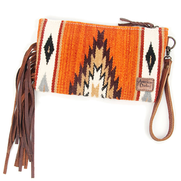 ADBG344 American Darling Hand Tooled Western Leather Wristlet Bag with Fringes and Woven Saddle Blanket