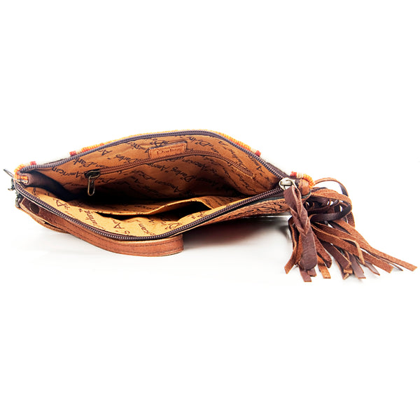 ADBG344 American Darling Hand Tooled Western Leather Wristlet Bag with Fringes and Woven Saddle Blanket