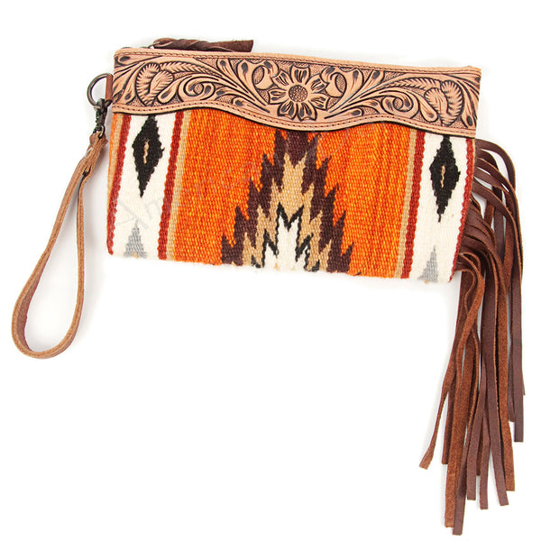 ADBG344 American Darling Hand Tooled Western Leather Wristlet Bag with Fringes and Woven Saddle Blanket