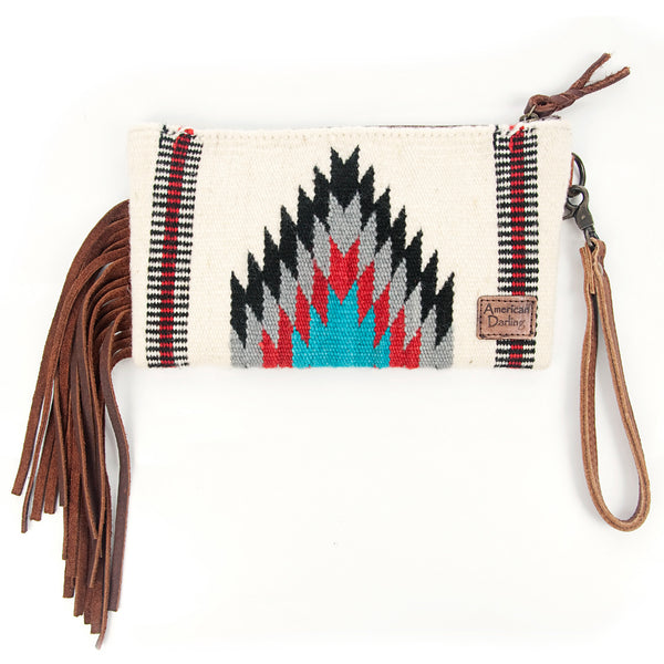 ADBG344 American Darling Hand Tooled Western Leather Wristlet Bag with Fringes and Woven Saddle Blanket