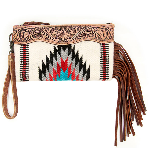 ADBG344 American Darling Hand Tooled Western Leather Wristlet Bag with Fringes and Woven Saddle Blanket