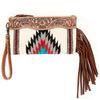 ADBG344 American Darling Hand Tooled Western Leather Wristlet Bag with Fringes and Woven Saddle Blanket