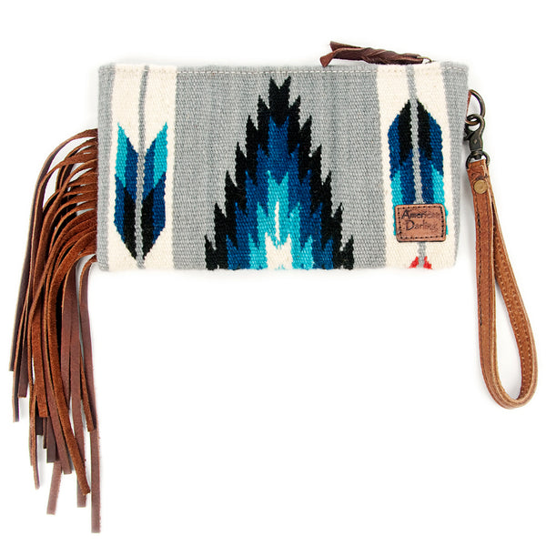 ADBG344 American Darling Hand Tooled Western Leather Wristlet Bag with Fringes and Woven Saddle Blanket