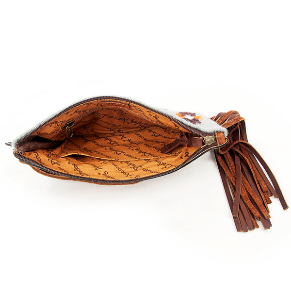 ADBG344 American Darling Hand Tooled Western Leather Wristlet Bag with Fringes and Woven Saddle Blanket