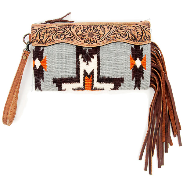 ADBG344 American Darling Hand Tooled Western Leather Wristlet Bag with Fringes and Woven Saddle Blanket