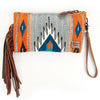 ADBG344 American Darling Hand Tooled Western Leather Wristlet Bag with Fringes and Woven Saddle Blanket