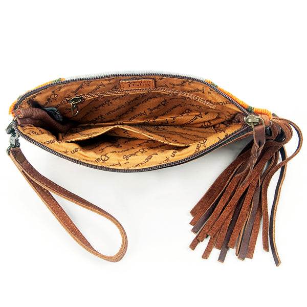 ADBG344 American Darling Hand Tooled Western Leather Wristlet Bag with Fringes and Woven Saddle Blanket