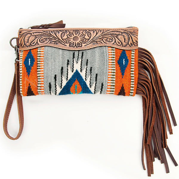 ADBG344 American Darling Hand Tooled Western Leather Wristlet Bag with Fringes and Woven Saddle Blanket
