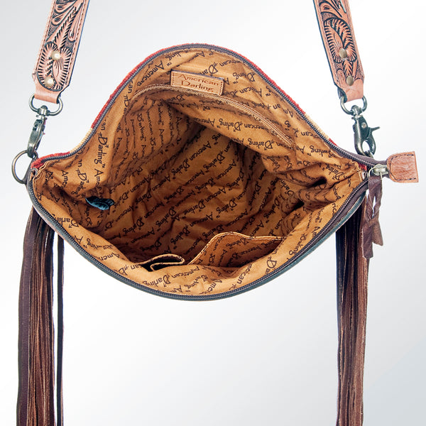 ADBG510 Tooled Leather & Saddle Blanket Crossbody Bag Belle Western Fringe Purse by American Darling