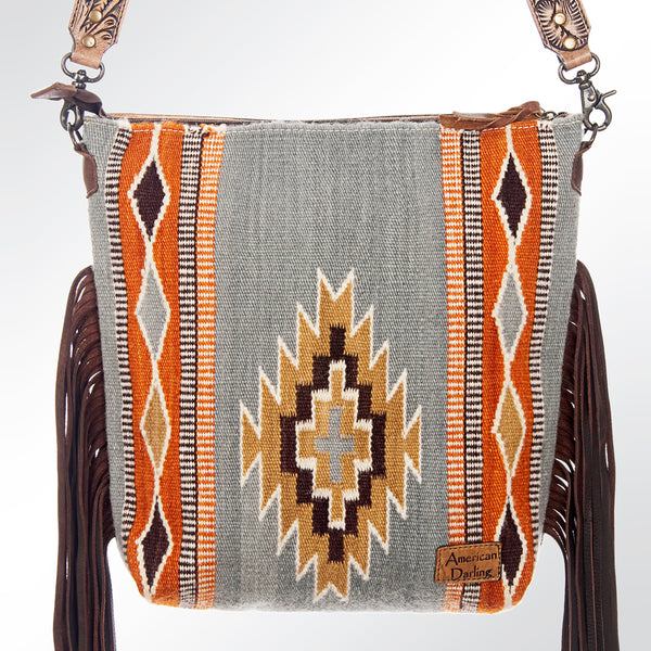 ADBG510 Tooled Leather & Saddle Blanket Crossbody Bag Belle Western Fringe Purse by American Darling
