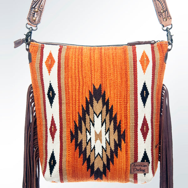 ADBG510 Tooled Leather & Saddle Blanket Crossbody Bag - Western Fringe Purse by American Darling