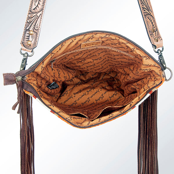 ADBG510 Tooled Leather & Saddle Blanket Crossbody Bag - Western Fringe Purse by American Darling