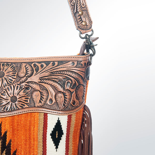 ADBG510 Tooled Leather & Saddle Blanket Crossbody Bag - Western Fringe Purse by American Darling
